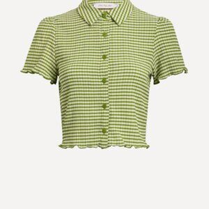 LISA SAYS GAH Sabrina Top In Olive Green Check
